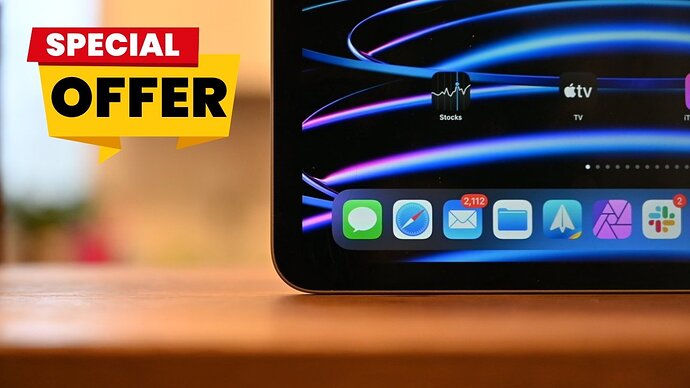 Apple iPad Pro screen with glowing icons and a red and yellow banner reading 'Special Offer' on the left side.